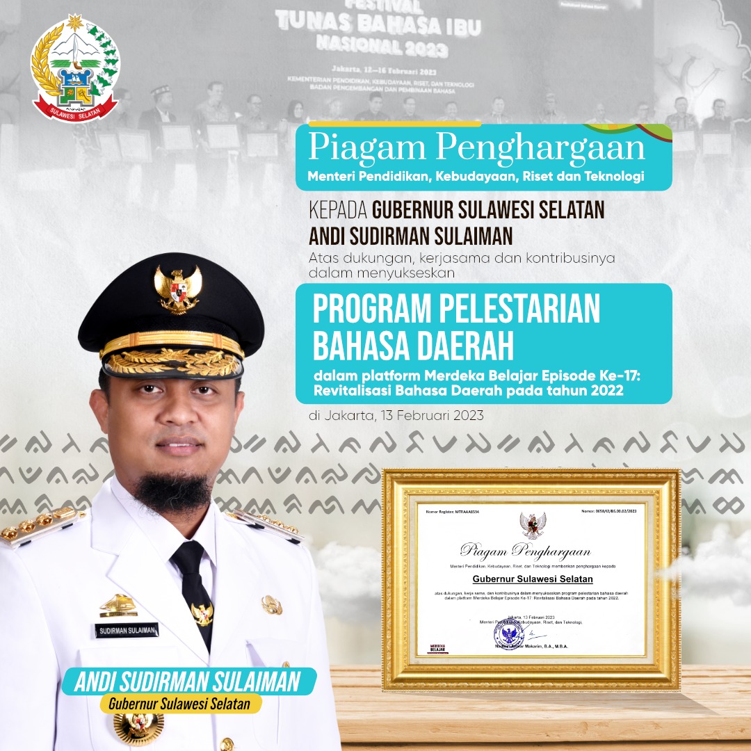  Gubernur Andi Sudirman Raih Penghargaan Lewat Program Pelestarian Bahasa Daerah